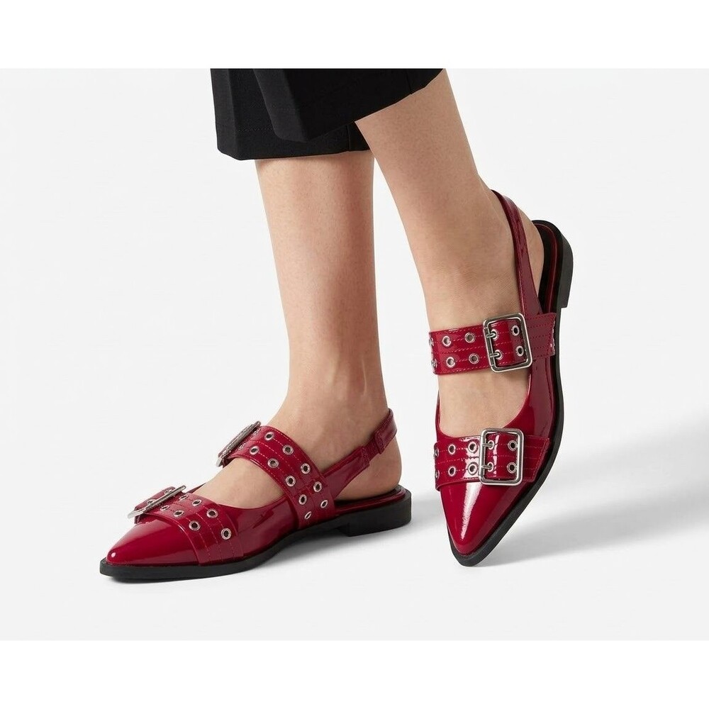 ROUGE Women's Dark Red Pointed Toe Slingback Ballet Flats Buckle Grommets 10